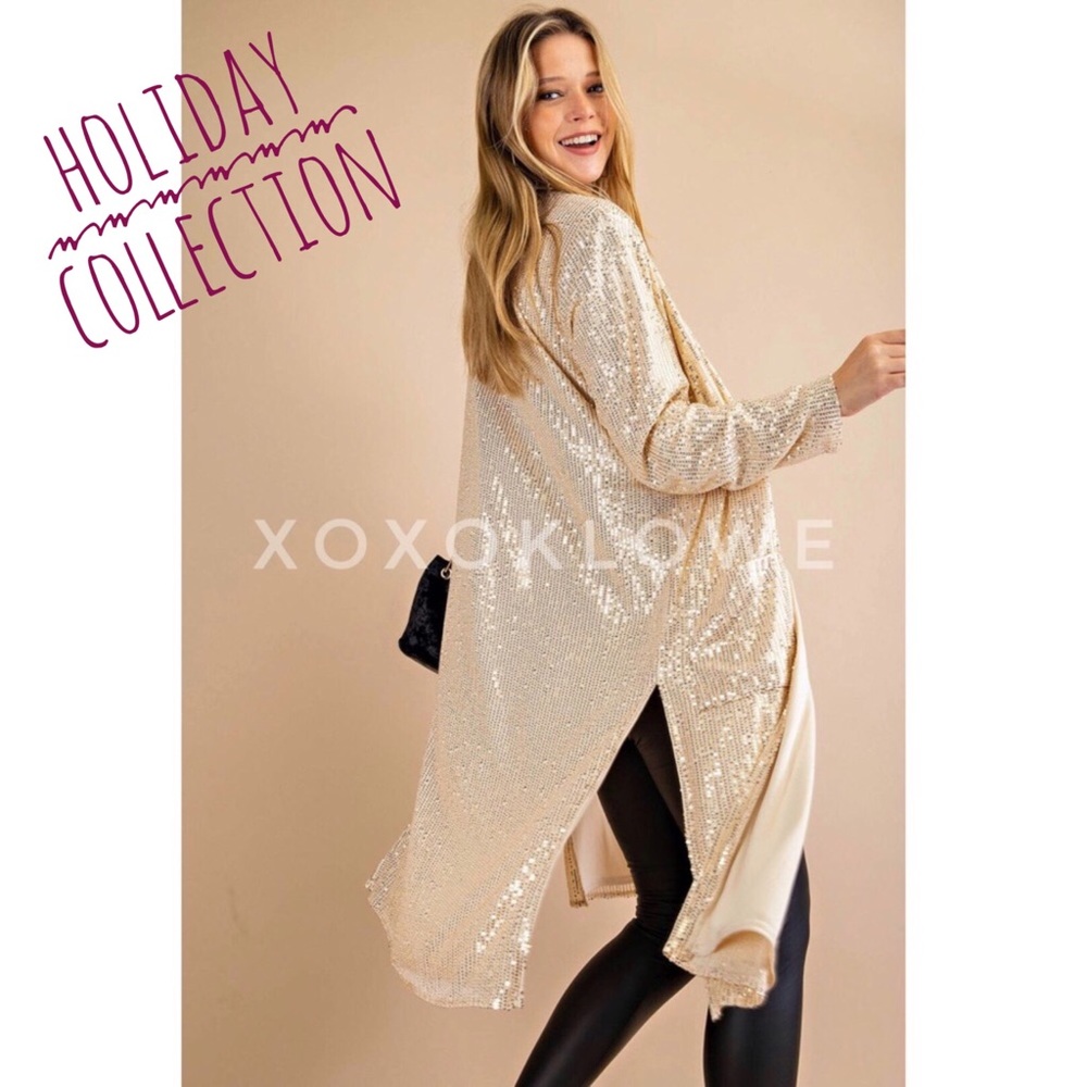 Gold Open Front Sequin Duster Long Fully Lined - image 1